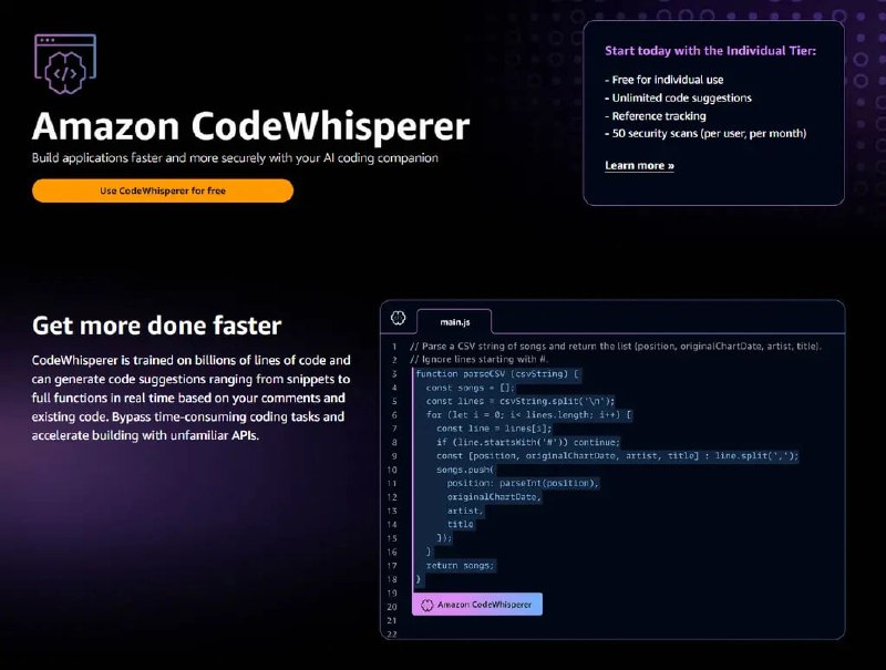 个人用户免费，亚马逊正式推出 AI 编程服务 CodeWhisperer亚马逊于 2022 年 6 月以预览版的形式，推出了 AI 辅助编程服务 CodeWhisperer