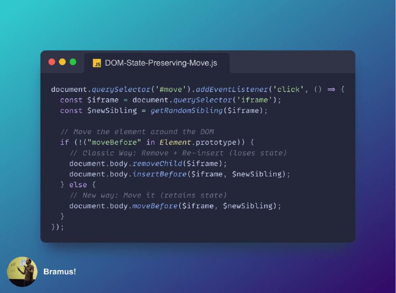 #优质博文 #前端 #DOM #javascript #新特性Move elements around the DOM while preserving their state with moveBeforeAI 摘要：Chrome 133 中的新方法 Node.prototype.moveBefore （于 2 月 4 日稳定），用于在 DOM 中移动元素的同时保留其状态