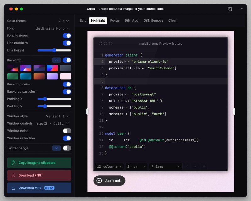 #工具推荐 #tools #代码截图 #开源Chalk.ist 是一个开源的网页应用，用于创建高亮代码的精美图片