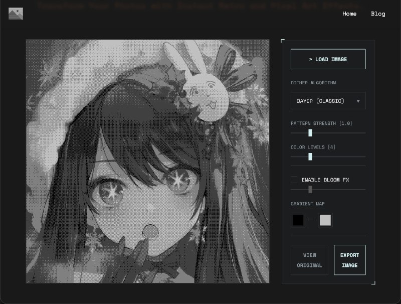 #tools #CSS #图片处理 #在线工具 #复古 #PixelArt太酷了！Dither Image Online：一个免费、快速、实时的在线抖动（dithered）图像生成器AI 摘要：Dither Image Online 是一个免费的在线工具，旨在帮助用户轻松地将普通图像转换为具有复古和像素艺术风格的抖动（dithered）图像