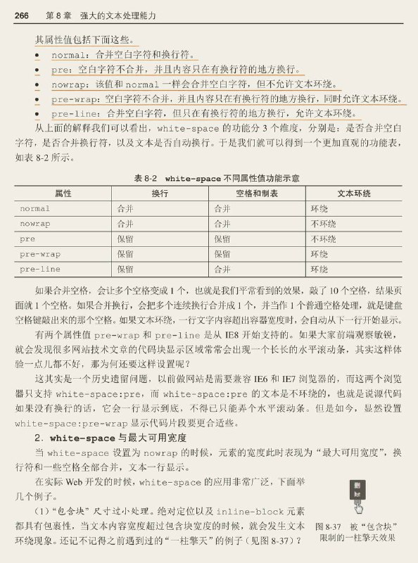 #书摘 #css #前端《CSS 世界》white-space 与换行和空格的控制white-space 属性声明了如何处理元素内的空白字符，这类空白字符包括 Space 键、Enter 键、Tab 键产生的空白