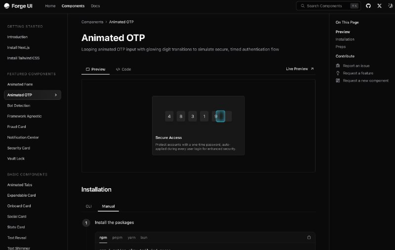 #React #组件库 #前端 #tailwind #动画 #开源挺不错的～ForgeUI ｜ 官网AI 摘要：ForgeUI 是一个基于 React 的实验性组件库，重点在于“动画优先”的设计理念，提供动画表单、动态卡片、闪烁文字等现代化 UI 组件，旨在帮助开发者快速实现富交互界面