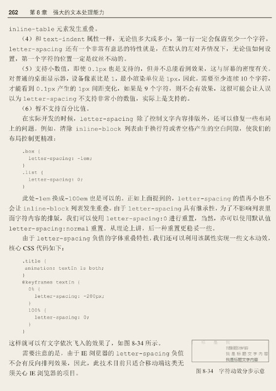 #书摘 #css #前端《CSS 世界》关于 letter-spaceletter-spacing 可以用来控制字符之间的间距，这里说的“字符”包括英文字母、汉字以及空格等