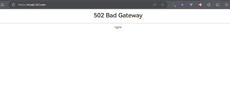 网易云音乐崩了网页和客户端全部显示502网关错误官方回应大家好，因基础设施故障，导致网易云音乐各端无法正常使用，我们正在加紧修复，非常抱歉