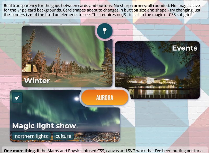 #codepen #demo #CSS #前端不规则网格上带有凹面圆角的卡片“卡片和按钮之间的缝隙实现了真正的透明效果