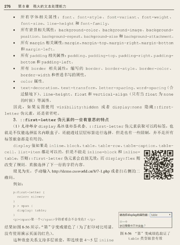 #书摘 #css #前端《CSS 世界》了解 :first-letter 伪元素很多年前，Chrome浏览器和IE9浏览器还未出现，那时候first-letter叫伪类选择器，写法是前面加一个冒号，如:first-letter