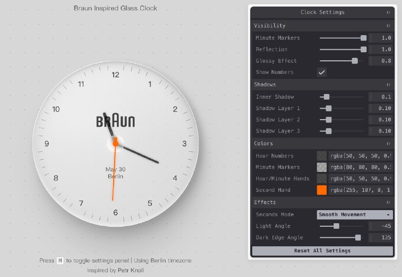 #前端 #codepen #demo #动画 #设计 受 Braun 风格启发的时钟Filip Zrnzevic 精心重现了 Braun 玻璃钟的外观和功能