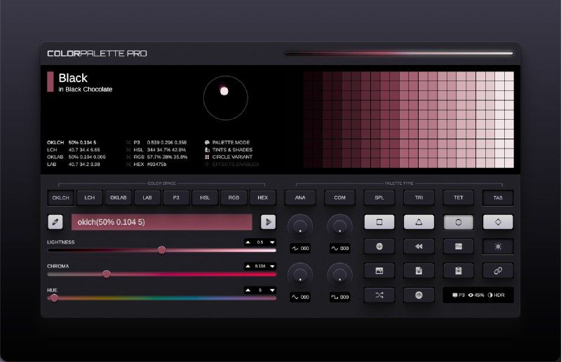 #tools #前端 #color #设计 #网站 Color Palette Pro一款能像音乐合成器一样自由调制色彩的在线调色工具，支持多种色彩空间与样式切换，实时生成色阶、色环、阴影与高光调和效果，非常适合设计师进行系统化配色或视觉一致性探索