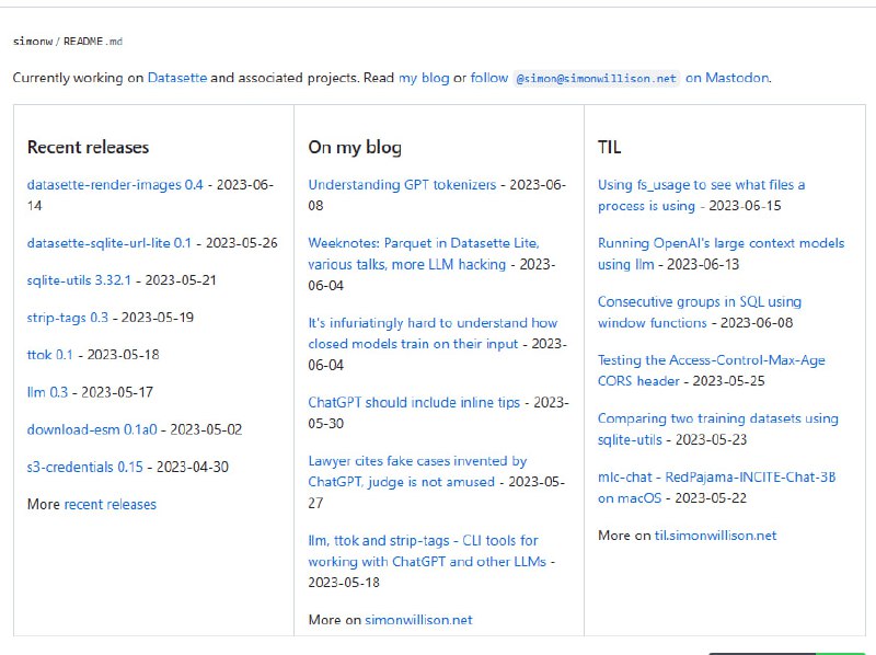 #优质博文 #github用 GitHub Action 进行自我更新，包括最近 release 信息、博文等：为 GitHub 构建自更新配置文件 README学到了，这就去搞一个，嘤嘤嘤我没有拖更