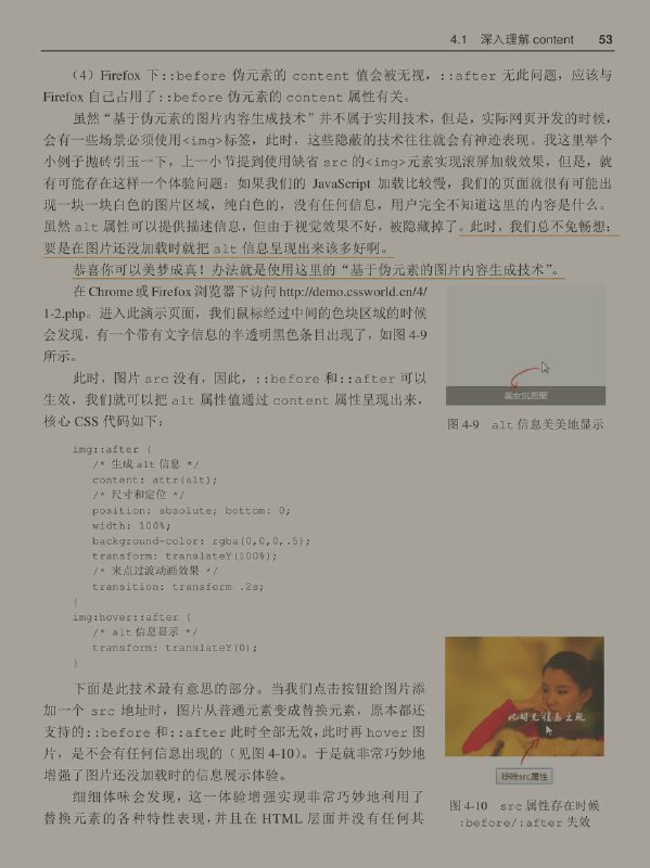 #书摘 #css #前端《CSS 世界》“基于伪元素的图片内容生成技术” 在图片还没加载时就把alt信息呈现出来（dog）