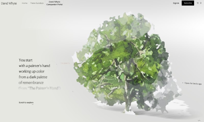 #趣站 #设计太美了！诗人 David Whyte 的官网，以 WebGL 呈现水彩画般的互动质感，创造独特的艺术体验