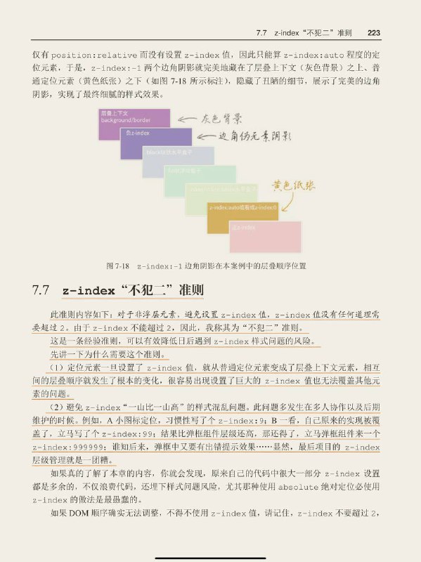 #书摘 #css #前端《CSS 世界》z-index“不犯二”准则此准则内容如下：对于非浮层元素，避免设置z-index值，z-index值没有任何道理需要超过2