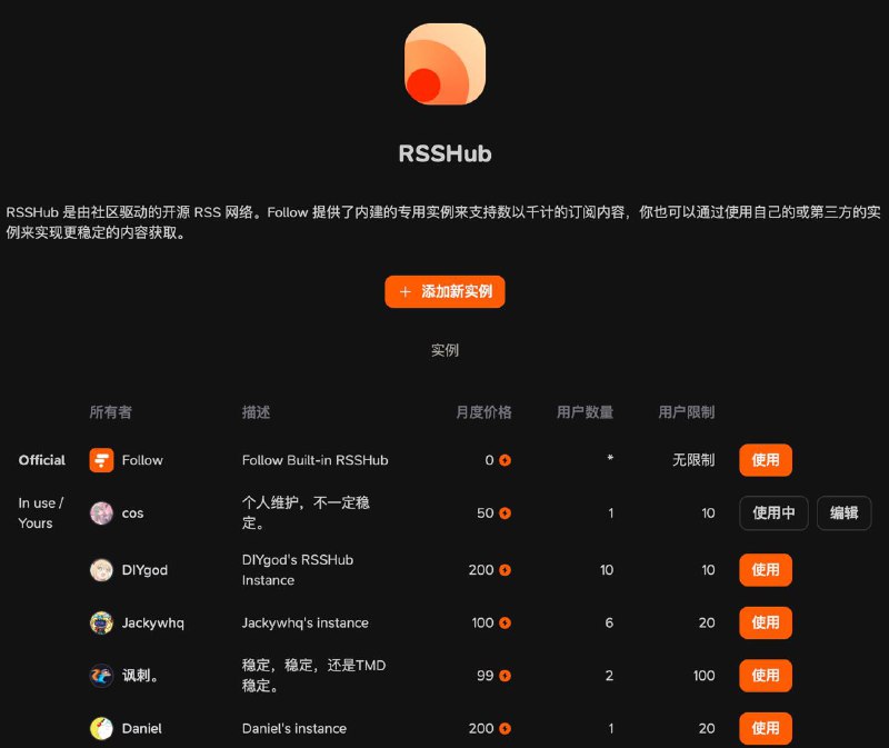#follow #实例follow 可以配自建的 rsshub 然后共享出去了！Nice！很聪明的做法
